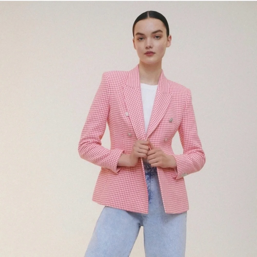 Zara Pink and White Tailored Houndstooth Women’s Blazer - Picture 1 of 9